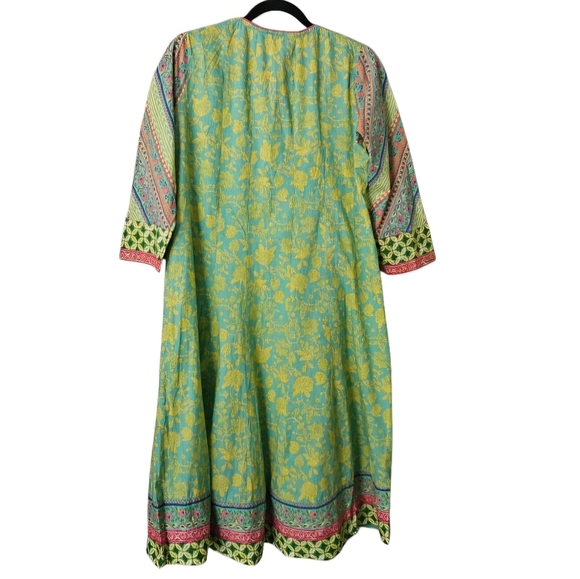 Biba 100% Cotton Floral Embroidered Green, Pink, And Yellow Kurta Dress Sz 38/XL - Picture 2 of 8
